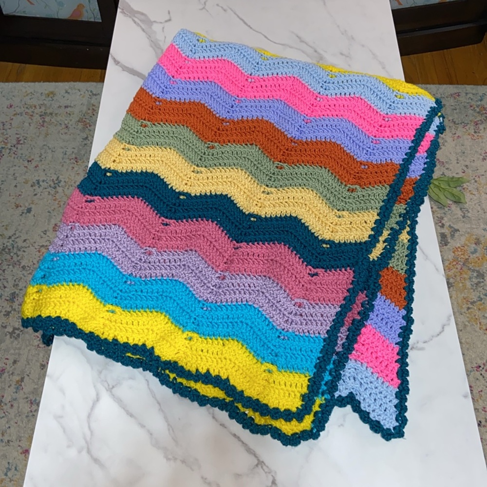 Handmade Crochet Ripple Stripe Lap Blanket Size 54"x43" Vintage Look Blanket